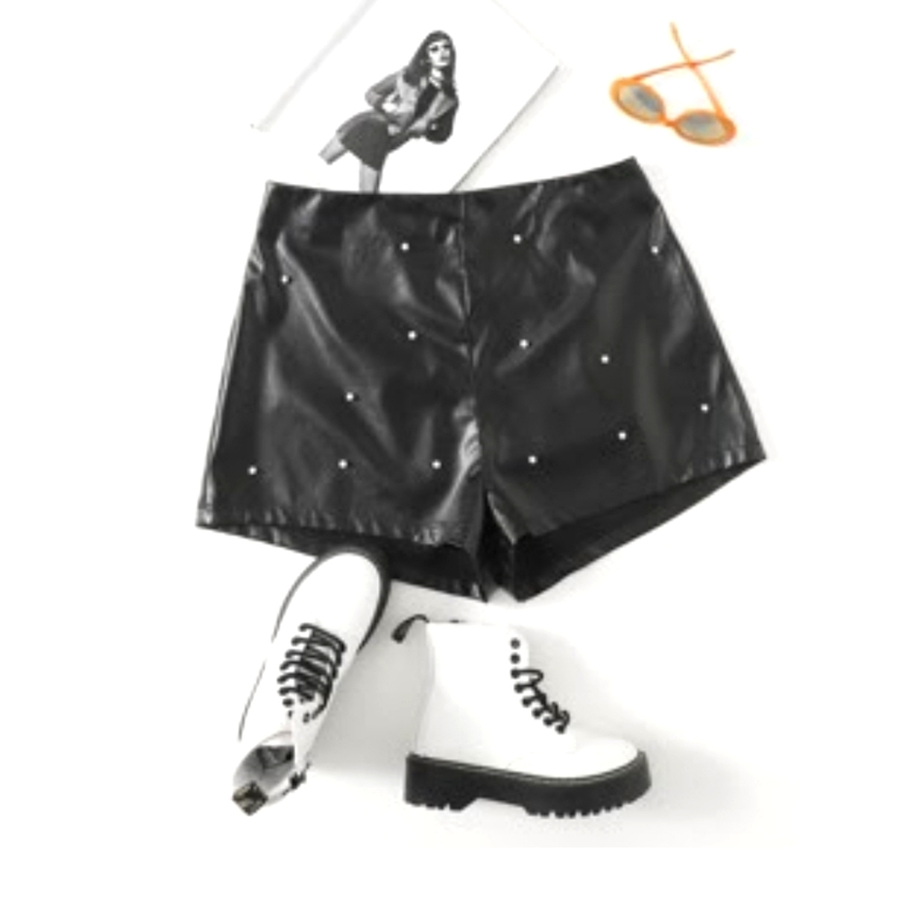 Black PU Leather Zip Up Shorts with Pearls